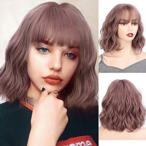 AISI QUEENS Short Brown Wig Synthetic Wigs with Bangs for Women Purple Water Wave Natural Bob Wigs Heat Resistant False Hair