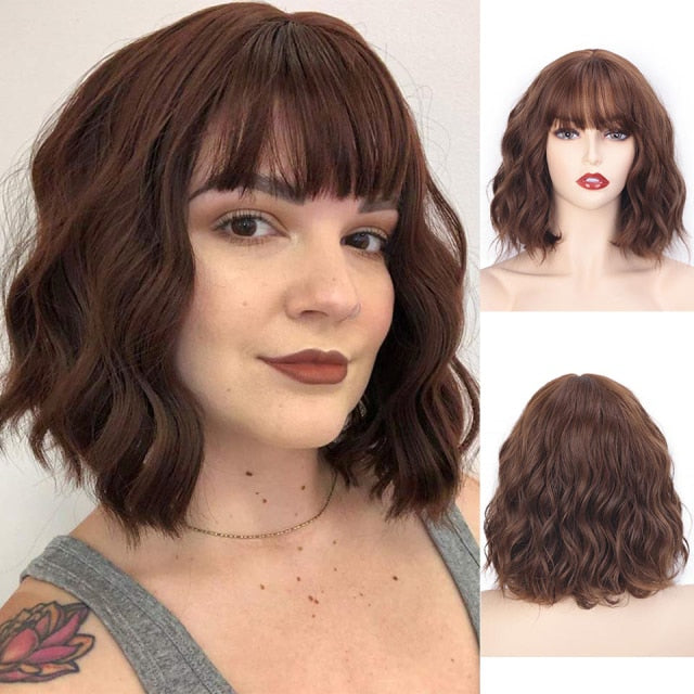 AISI QUEENS Short Brown Wig Synthetic Wigs with Bangs for Women Purple Water Wave Natural Bob Wigs Heat Resistant False Hair