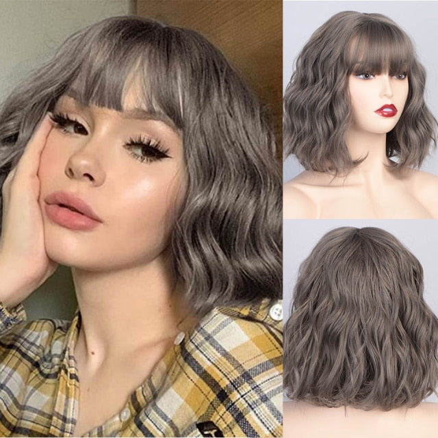 AISI QUEENS Short Brown Wig Synthetic Wigs with Bangs for Women Purple Water Wave Natural Bob Wigs Heat Resistant False Hair