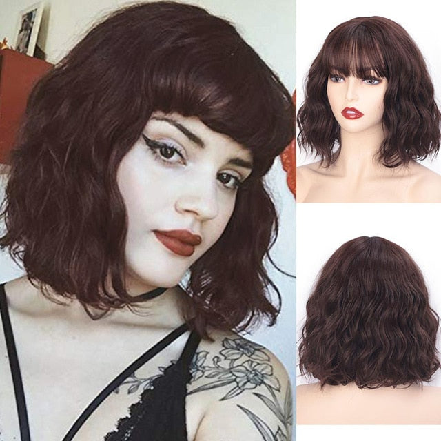 AISI QUEENS Short Brown Wig Synthetic Wigs with Bangs for Women Purple Water Wave Natural Bob Wigs Heat Resistant False Hair