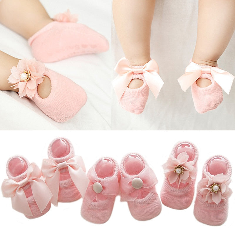 3 Pairs/Lot Lace Flower Newborn Baby Socks Cotton Anti-Slip Kids Floor Socks Bow toddler Girl Socks Spring Girls Gift sokken