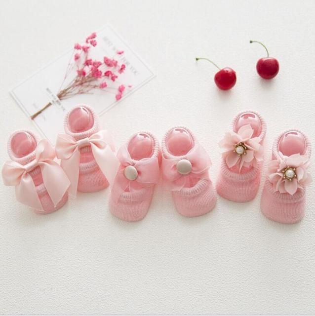 3 Pairs/Lot Lace Flower Newborn Baby Socks Cotton Anti-Slip Kids Floor Socks Bow toddler Girl Socks Spring Girls Gift sokken