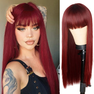 Long Straight Wine Red Wig With Bangs Synthetic Hair Wigs Bang With Wig For Women Wine Red Heat Resistant Wigs
