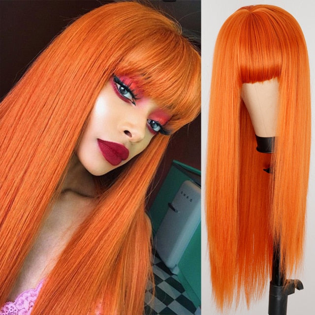 Long Straight Wine Red Wig With Bangs Synthetic Hair Wigs Bang With Wig For Women Wine Red Heat Resistant Wigs