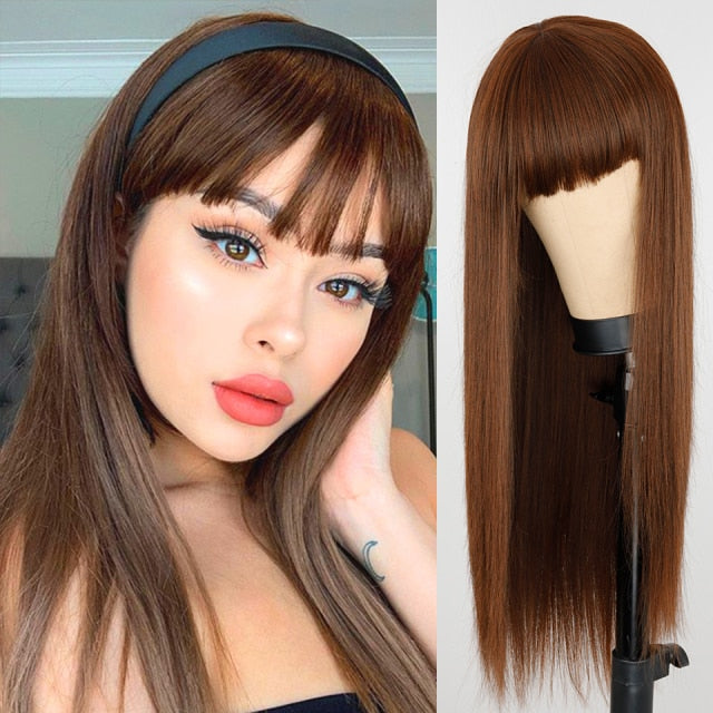 Long Straight Wine Red Wig With Bangs Synthetic Hair Wigs Bang With Wig For Women Wine Red Heat Resistant Wigs