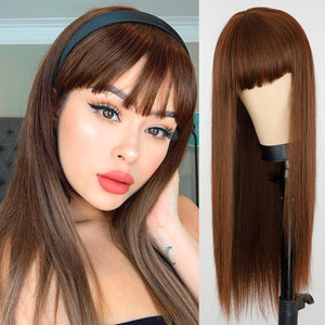 Long Straight Wine Red Wig With Bangs Synthetic Hair Wigs Bang With Wig For Women Wine Red Heat Resistant Wigs