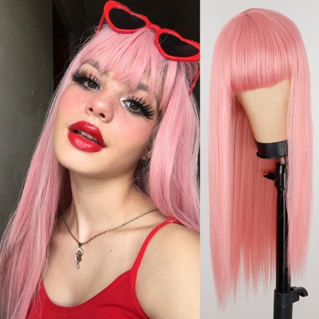 Long Straight Wine Red Wig With Bangs Synthetic Hair Wigs Bang With Wig For Women Wine Red Heat Resistant Wigs