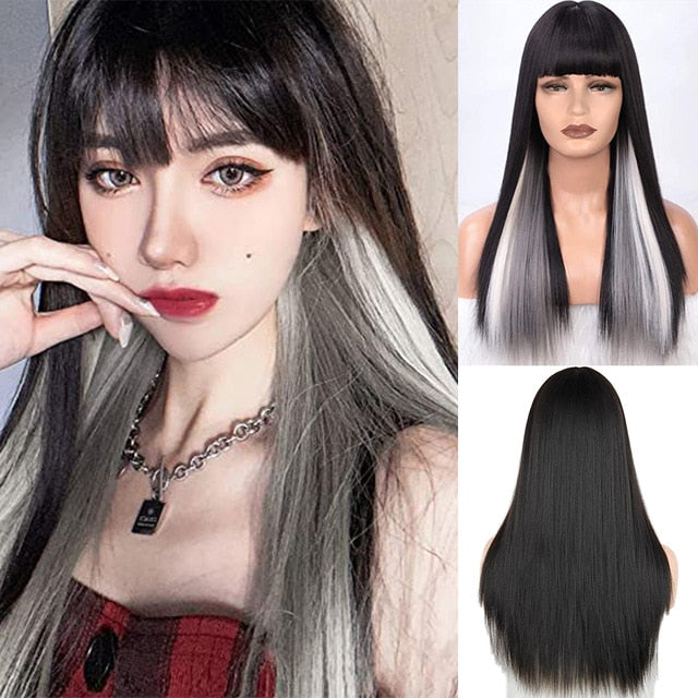 Long Straight Wine Red Wig With Bangs Synthetic Hair Wigs Bang With Wig For Women Wine Red Heat Resistant Wigs