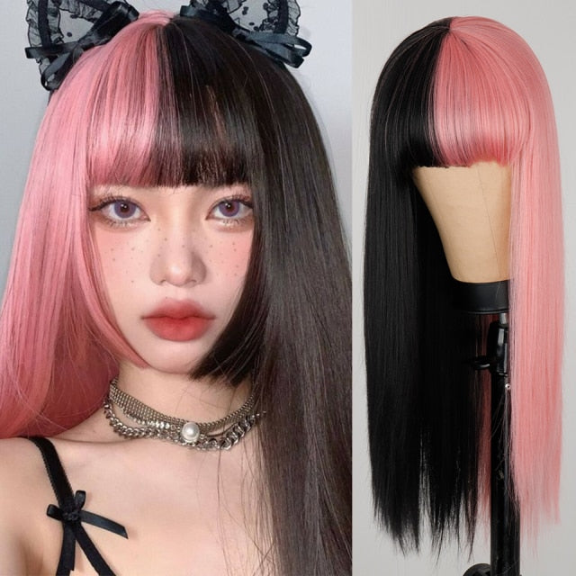 Long Straight Wine Red Wig With Bangs Synthetic Hair Wigs Bang With Wig For Women Wine Red Heat Resistant Wigs