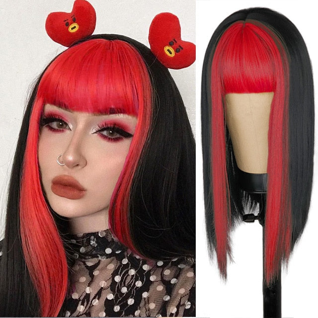 Long Straight Wine Red Wig With Bangs Synthetic Hair Wigs Bang With Wig For Women Wine Red Heat Resistant Wigs