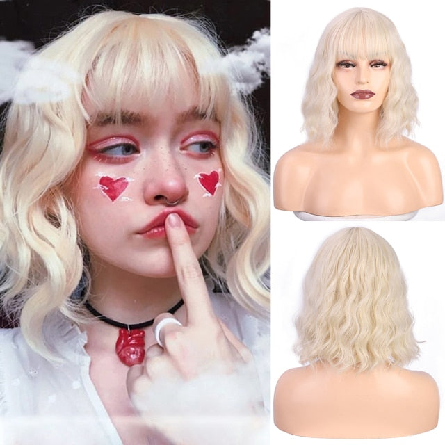 AISI QUEENS Short Brown Wig Synthetic Wigs with Bangs for Women Purple Water Wave Natural Bob Wigs Heat Resistant False Hair