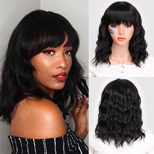 AISI QUEENS Short Brown Wig Synthetic Wigs with Bangs for Women Purple Water Wave Natural Bob Wigs Heat Resistant False Hair