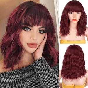 AISI QUEENS Short Brown Wig Synthetic Wigs with Bangs for Women Purple Water Wave Natural Bob Wigs Heat Resistant False Hair