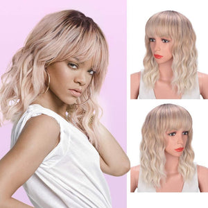 AISI QUEENS Short Brown Wig Synthetic Wigs with Bangs for Women Purple Water Wave Natural Bob Wigs Heat Resistant False Hair