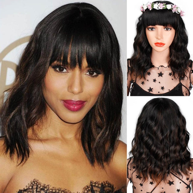 AISI QUEENS Short Brown Wig Synthetic Wigs with Bangs for Women Purple Water Wave Natural Bob Wigs Heat Resistant False Hair