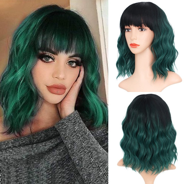 AISI QUEENS Short Brown Wig Synthetic Wigs with Bangs for Women Purple Water Wave Natural Bob Wigs Heat Resistant False Hair