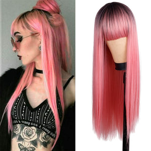 Long Straight Wine Red Wig With Bangs Synthetic Hair Wigs Bang With Wig For Women Wine Red Heat Resistant Wigs