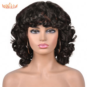 Short Hair Afro Kinky Curly Wigs With Bangs For Black Women Synthetic African Ombre Glueless Cosplay Wigs High Temperature