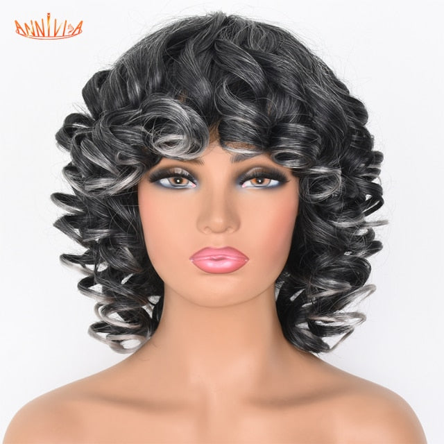 Short Hair Afro Kinky Curly Wigs With Bangs For Black Women Synthetic African Ombre Glueless Cosplay Wigs High Temperature