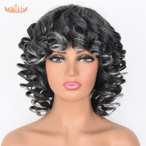 Short Hair Afro Kinky Curly Wigs With Bangs For Black Women Synthetic African Ombre Glueless Cosplay Wigs High Temperature