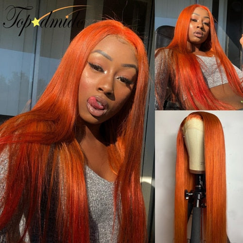 Orange Ginger Color 13x4 Lace Front Wigs Pre Plucked Brazilian Wavy Human Hair Wig 180% Density Remy Glueless Lace Wig for Women