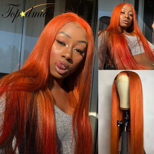 Orange Ginger Color 13x4 Lace Front Wigs Pre Plucked Brazilian Wavy Human Hair Wig 180% Density Remy Glueless Lace Wig for Women