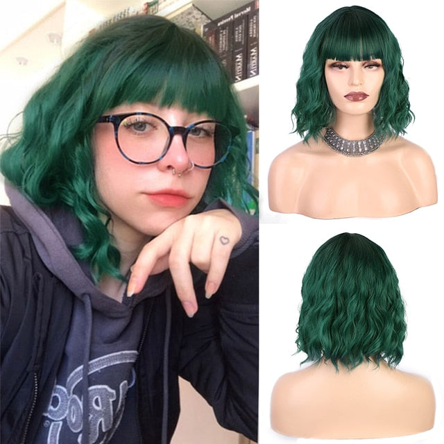 AISI QUEENS Short Brown Wig Synthetic Wigs with Bangs for Women Purple Water Wave Natural Bob Wigs Heat Resistant False Hair