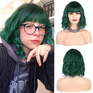 AISI QUEENS Short Brown Wig Synthetic Wigs with Bangs for Women Purple Water Wave Natural Bob Wigs Heat Resistant False Hair