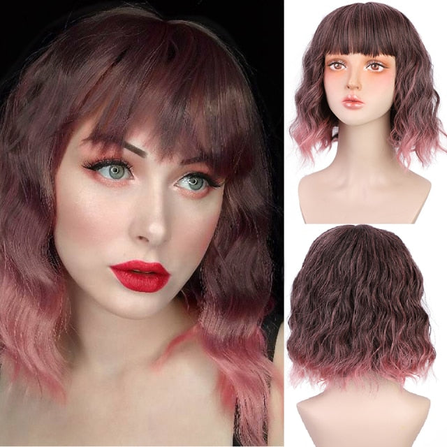 AISI QUEENS Short Brown Wig Synthetic Wigs with Bangs for Women Purple Water Wave Natural Bob Wigs Heat Resistant False Hair