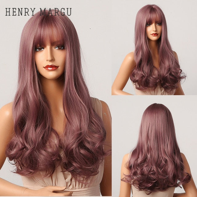 HENRY MARGU Long Natural Wavy Platinum Blonde Wigs with Bangs Cosplay Party Lolita Synthetic Wigs for Women Heat Resistant Fiber
