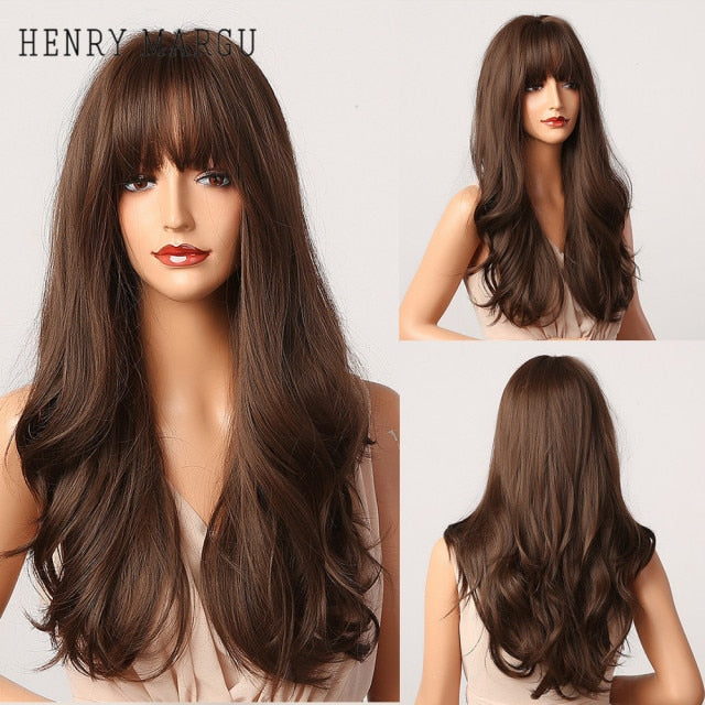 HENRY MARGU Long Natural Wavy Platinum Blonde Wigs with Bangs Cosplay Party Lolita Synthetic Wigs for Women Heat Resistant Fiber