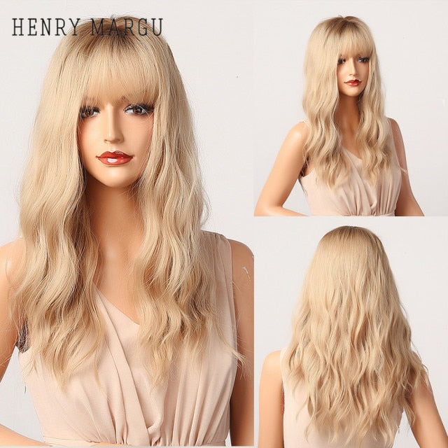 HENRY MARGU Long Natural Wavy Platinum Blonde Wigs with Bangs Cosplay Party Lolita Synthetic Wigs for Women Heat Resistant Fiber