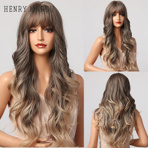HENRY MARGU Long Natural Wavy Platinum Blonde Wigs with Bangs Cosplay Party Lolita Synthetic Wigs for Women Heat Resistant Fiber
