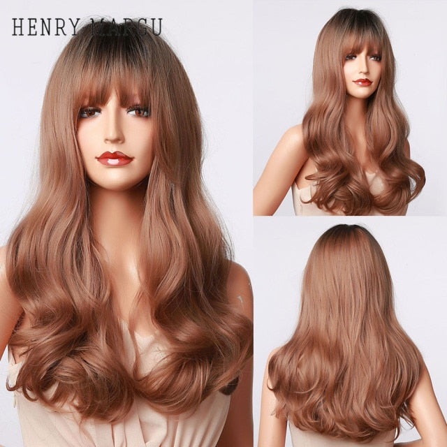 HENRY MARGU Long Natural Wavy Platinum Blonde Wigs with Bangs Cosplay Party Lolita Synthetic Wigs for Women Heat Resistant Fiber