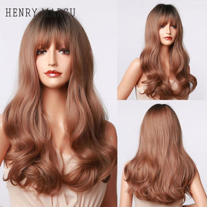 HENRY MARGU Long Natural Wavy Platinum Blonde Wigs with Bangs Cosplay Party Lolita Synthetic Wigs for Women Heat Resistant Fiber