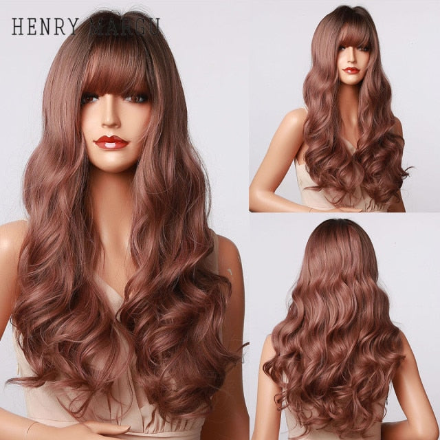 HENRY MARGU Long Natural Wavy Platinum Blonde Wigs with Bangs Cosplay Party Lolita Synthetic Wigs for Women Heat Resistant Fiber