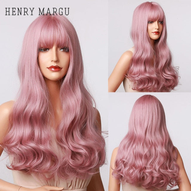 HENRY MARGU Long Natural Wavy Platinum Blonde Wigs with Bangs Cosplay Party Lolita Synthetic Wigs for Women Heat Resistant Fiber