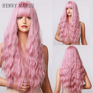 HENRY MARGU Long Natural Wavy Platinum Blonde Wigs with Bangs Cosplay Party Lolita Synthetic Wigs for Women Heat Resistant Fiber