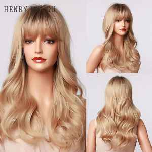 HENRY MARGU Long Natural Wavy Platinum Blonde Wigs with Bangs Cosplay Party Lolita Synthetic Wigs for Women Heat Resistant Fiber