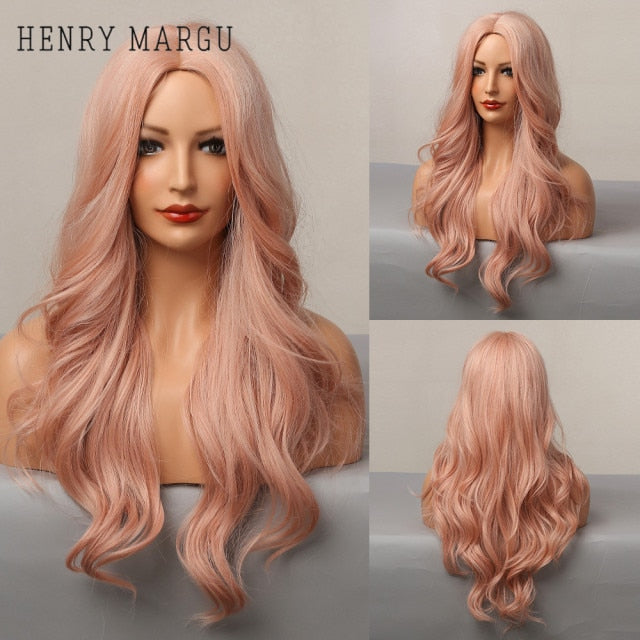 HENRY MARGU Long Natural Wavy Platinum Blonde Wigs with Bangs Cosplay Party Lolita Synthetic Wigs for Women Heat Resistant Fiber