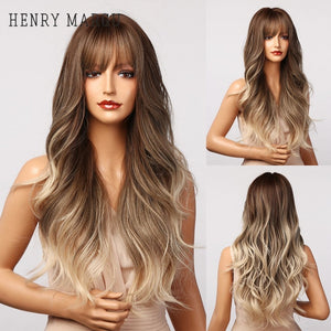 HENRY MARGU Long Natural Wavy Platinum Blonde Wigs with Bangs Cosplay Party Lolita Synthetic Wigs for Women Heat Resistant Fiber