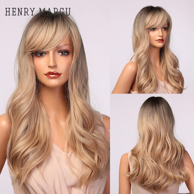HENRY MARGU Long Natural Wavy Platinum Blonde Wigs with Bangs Cosplay Party Lolita Synthetic Wigs for Women Heat Resistant Fiber