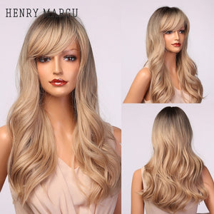 HENRY MARGU Long Natural Wavy Platinum Blonde Wigs with Bangs Cosplay Party Lolita Synthetic Wigs for Women Heat Resistant Fiber
