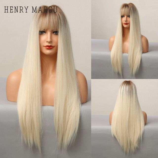 HENRY MARGU Long Natural Wavy Platinum Blonde Wigs with Bangs Cosplay Party Lolita Synthetic Wigs for Women Heat Resistant Fiber