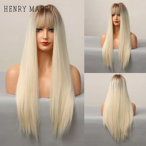 HENRY MARGU Long Natural Wavy Platinum Blonde Wigs with Bangs Cosplay Party Lolita Synthetic Wigs for Women Heat Resistant Fiber