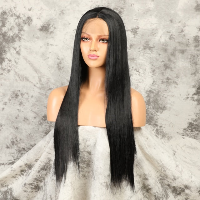 Silky Straight Lace Front Wig Synthetic Natural Black For Black Women Cosplay Glueless Long Heat Resistant Daily Wig Baby Hair