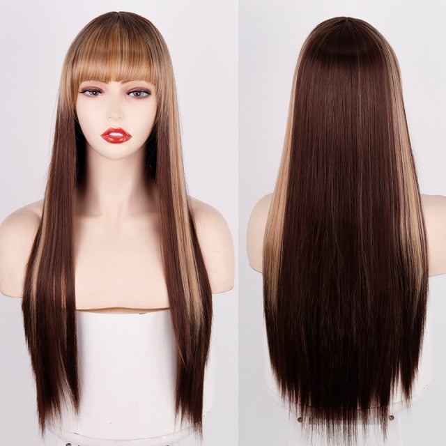 Long Straight Wine Red Wig With Bangs Synthetic Hair Wigs Bang With Wig For Women Wine Red Heat Resistant Wigs