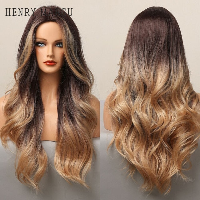 HENRY MARGU Long Natural Wavy Platinum Blonde Wigs with Bangs Cosplay Party Lolita Synthetic Wigs for Women Heat Resistant Fiber