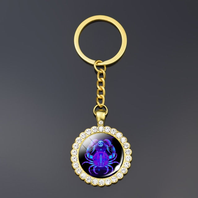 12 Constellation Keychain Fashion Double Side Cabochon Glass Ball Keychain Zodiac Signs Jewelry For Men For Women Birthday Gift
