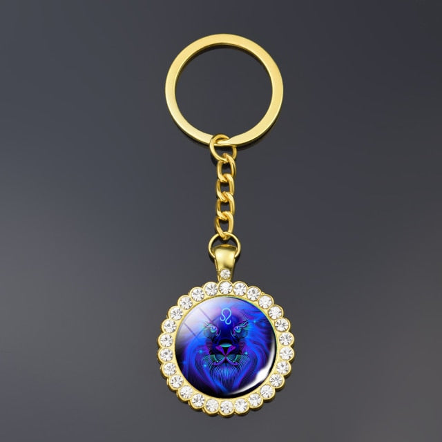12 Constellation Keychain Fashion Double Side Cabochon Glass Ball Keychain Zodiac Signs Jewelry For Men For Women Birthday Gift